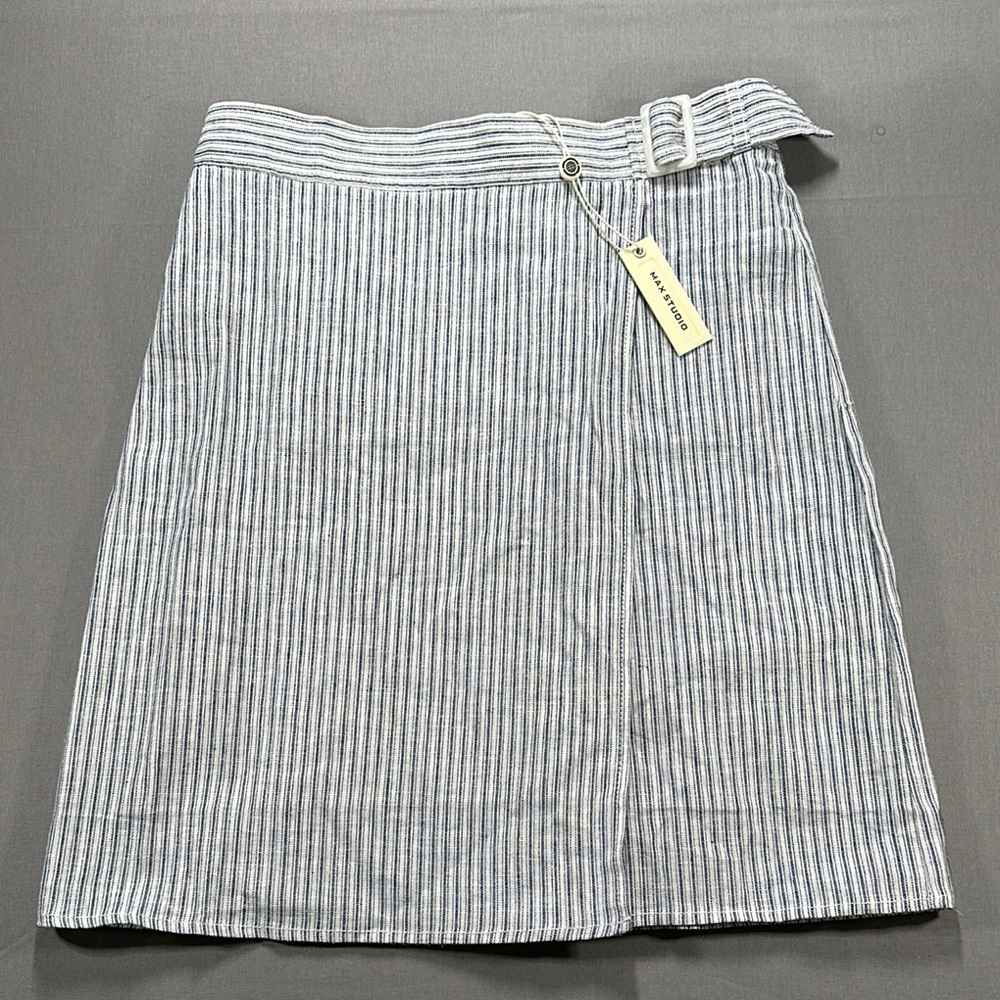 NWT Max Studio Mini Wrap Skirt, Pull-On Linen/Cotton Stripes w/ Belt - Womens XS